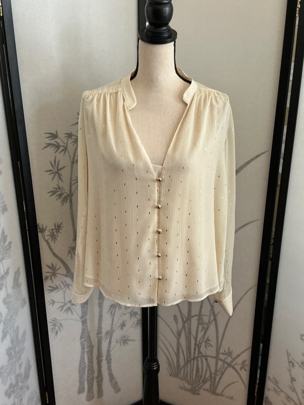 Zara Cream Button-Front Blouse with Metallic Dot Detail